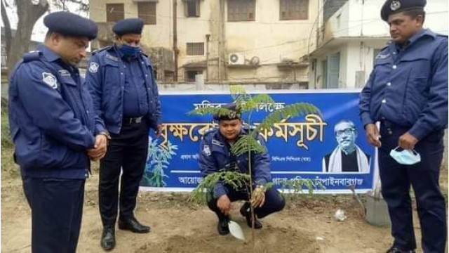 চাঁপাইনবাবগঞ্জ সদর  মডেল থানা চত্বরে বৃক্ষ রোপন করলেন এসপি আবদুর রকিব 